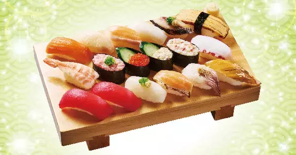 「すし18貫999円（税別）土日限定で!! 1貫あたり55.5円とお値打ち」の画像