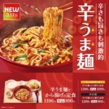 旨辛スープ×太麺「辛うま麺」やよい軒に！辛さ3倍も用意