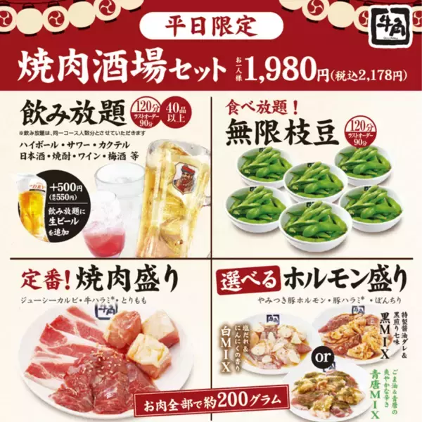 「飲み放題＋焼肉で2000円強！牛角、平日限定コスパセットでさらに肉増量」の画像