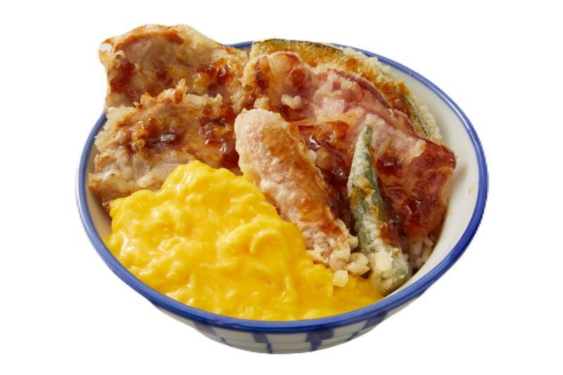 肉肉しい「とろたまチャーシュー天丼」さん天で！50円でエビも付けられる