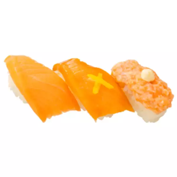 「「まぐろ」「サーモン」「ぐんかん」など3種を食べ比べ 元気寿司・魚べい「味わい色々！3貫盛と肉フェア」」の画像