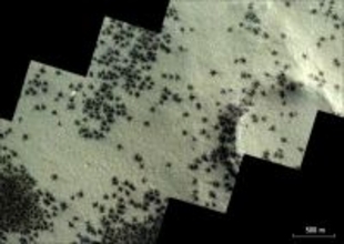 火星の南極で春になって大量に出現した黒い「クモ」