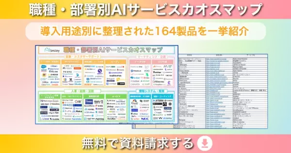 「アイスマイリー、職種・部署別AIサービスカオスマップを公開！–導入用途別に整理された164製品を一挙紹介–」の画像