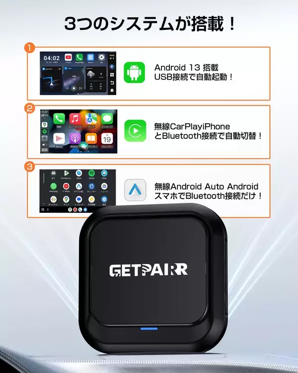 「挿すだけで車内が“Android化”。満足度で選ばれる「GetPairr AI Box 2.0」――CarPlay／Android Auto／Android 13の3システム搭載×2画面分割で、移動時間が“使える時間”へ」の画像