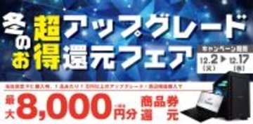 対象iiyama PCご購入時のアップグレードや周辺機器ご購入で最大8,000円分相当を還元する「冬の超お得アップグレード 還元フェア」を12月2日から12月17日までの期間限定で開催