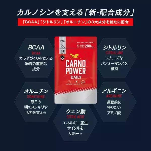 「スポーツサプリメント『カルノパワーDAILY』全面リニューアル！主成分のカルノシンをサポートする新成分 BCAA・シトルリン・オルニチンを配合し、7月30日発売」の画像