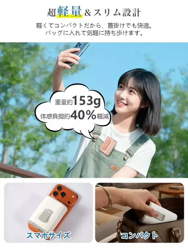 「【猛暑のお出かけ対策に】両手フリーで快適！手のひらサイズ＆超軽量約153gの女性向け4WAY腰掛け扇風機が新発売！」の画像
