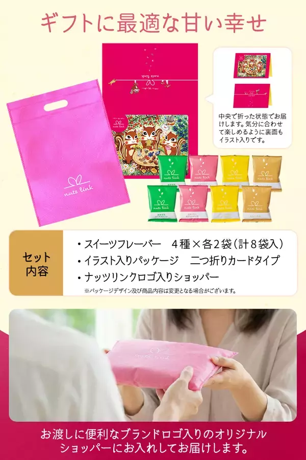 「＜新商品＞藤岡ちさ氏と描く、nutslink(ナッツリンク)スイーツ4種を詰め合わせた春のギフトパッケージを発売」の画像