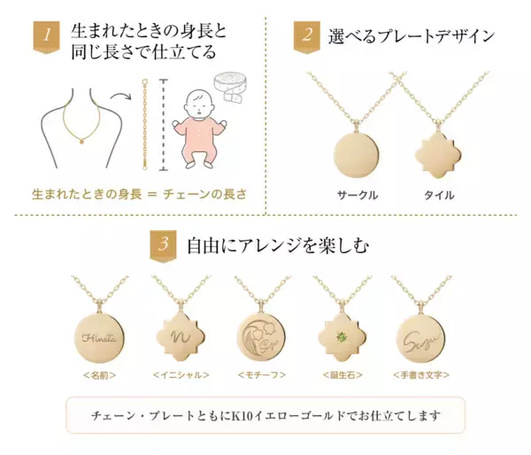 「＜ケイウノ＞生まれたときの身長と同じ長さで仕立てる出産記念ジュエリー『First Measure Necklace』 を8月14日(金)に発売」の画像