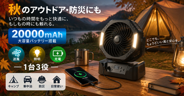 秋のアウトドア・防災シーズンに活躍20000mAh大容量バッテリー搭載送風・照明・スマホ充電を1台に集約したSOPPY多機能ポータブルファンを提案