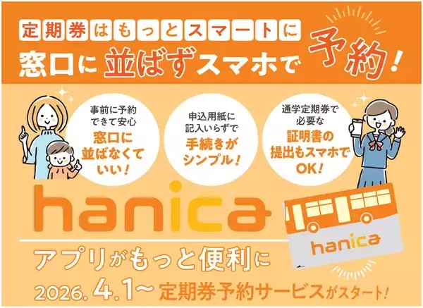 ～ 定期券は窓口に並ばず スマホで予約 ～『hanicaアプリ』 がもっと便利に2026年4月1日～ 定期券予約サービス スタート！