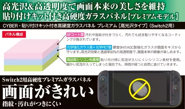 「貼り付けキット付きで簡単に貼れる！Switch2用高硬度ガラスパネル「プレミアム」「スタンダード」の2種が新発売！」の画像