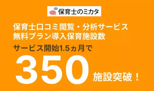 “選ばれる園”の時代に備える―保育施設運営企業・法人向け「保育士のミカタ」口コミ閲覧・分析サービス無料プラン導入350施設突破(提供開始1.5ヵ月)