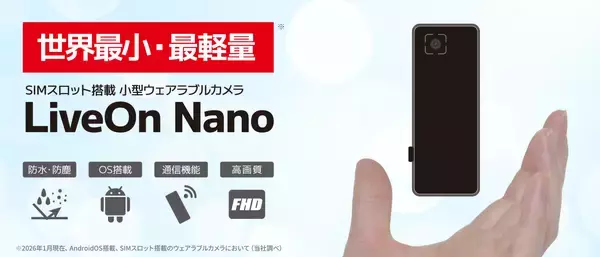 重い、長時間の装着が負担――従来のウェアラブルカメラの常識を変える　世界最小・最軽量※の超小型ウェアラブルカメラ「LiveOn Nano」をリリース　遠隔作業支援に必要なすべてを、この一台に