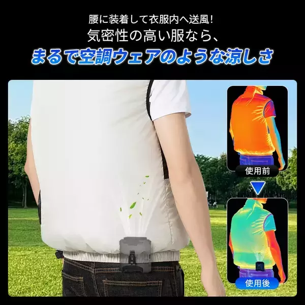 「【猛暑対策の新定番】服の中へ直接風を送る新しい冷却体験！最大45時間稼働の4WAY腰掛けファンが登場」の画像