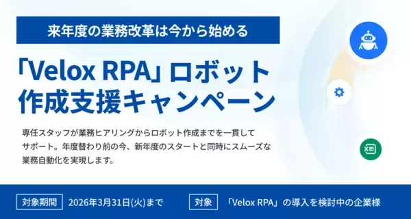 【3月末までの期間限定】 新年度の業務改革を今から準備！「Velox RPA」ロボット作成支援キャンペーンを実施