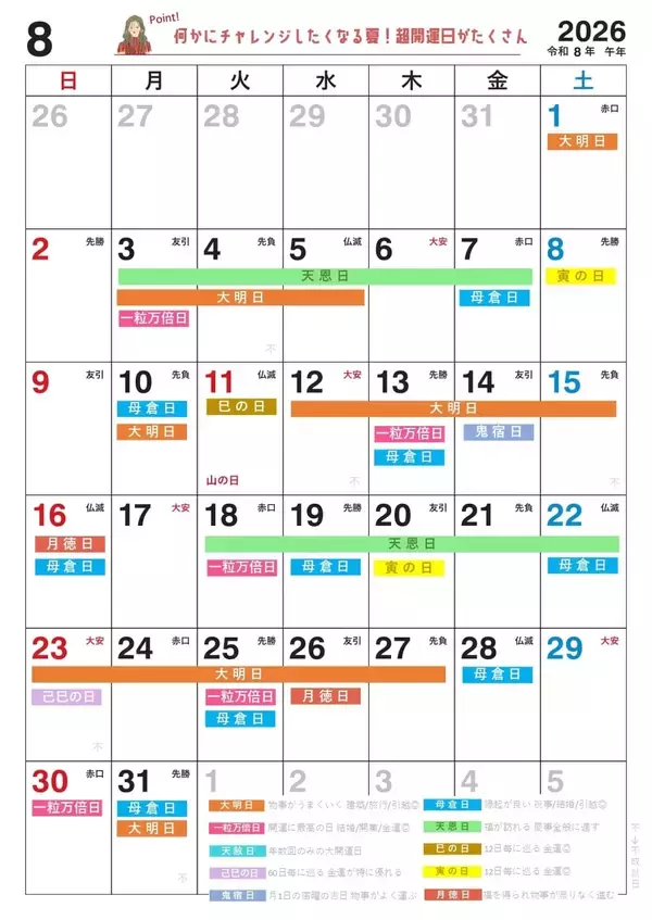 「8月3日(月)は、一粒万倍日と3つの開運日が重なる超ラッキーデイ！縁起のいい日がわかる『吉日カレンダー2026年8月版』をziredが無料ダウンロード配布開始！」の画像