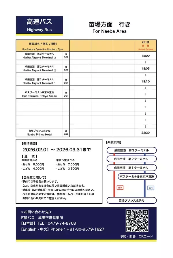 「五稜バスが成田空港より苗場プリンスホテル行きの高速路線バスを2/1から運行開始へ」の画像