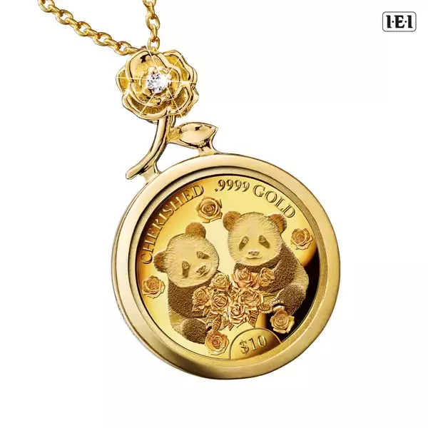 「シャオシャオとレイレイの姿をうつした、＜友情の花束と双子パンダ金貨＞純金コイン宝飾ペンダント新発売！」の画像