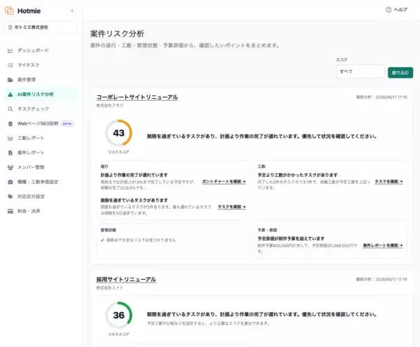 「AI案件リスク分析とWebページSEO診断を搭載したプロジェクト管理ツール「Hotmie」を提供開始」の画像