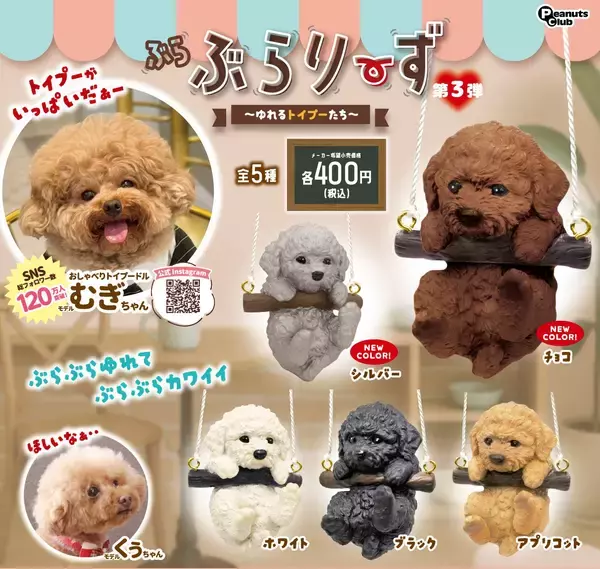 ブランコにつかまる犬にシルバー色、チョコ色が新たに登場。 カプセルトイ「ぶらぶらりーず　ゆれるトイプーたち」新発売