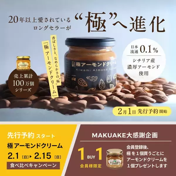 タイトル：【Makuakeで2258%達成】日本流通0.1％の希少素材を極めた「極 アーモンドクリーム」がついに先行予約開始！「15日まで定番品１個無料プレゼントキャンペーン」も同時開催