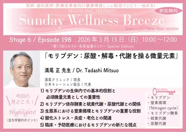 《医師・歯科医師・薬剤師向け》無料オンラインセミナー3/15(日)朝10時開催『モリブデン：尿酸・解毒・代謝を操る微量元素』満尾 正 先生(満尾クリニック/院長)