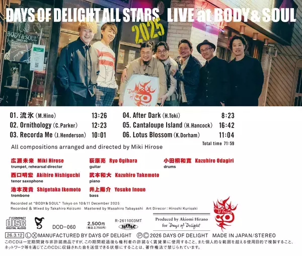 「日本ジャズの精鋭7人によるスペシャルセッションを収めたライブ盤『Live at BODY & SOUL』3月12日発売」の画像