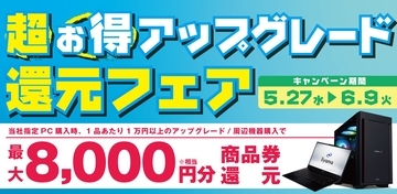対象iiyama PCご購入時のアップグレードや周辺機器のご購入で最大8,000円分相当を還元する「超お得！アップグレード還元フェア」を5月27日から6月9日までの期間限定で開催