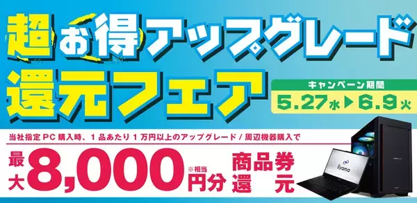 対象iiyama PCご購入時のアップグレードや周辺機器のご購入で最大8,000円分相当を還元する「超お得！アップグレード還元フェア」を5月27日から6月9日までの期間限定で開催