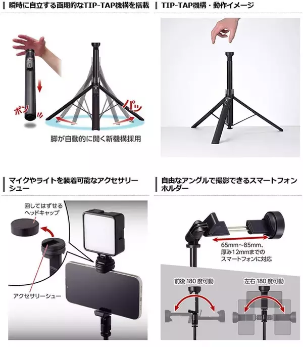 「60年以上の歴史を誇る三脚ブランドVelbon（ベルボン）より、片手でセッティング可能なセルフィースタンド「Coleman セルフィースタンド ティップタップ」を新発売！」の画像