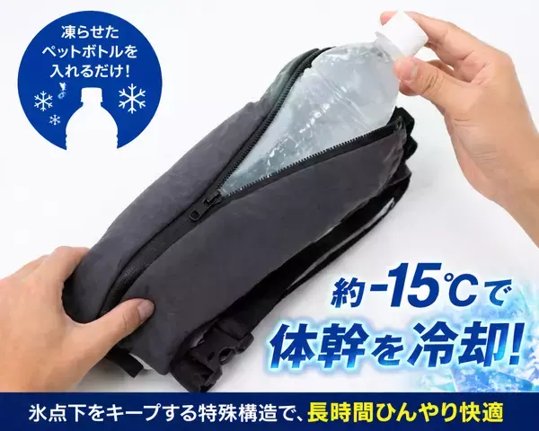 「【5月1日開始】体幹を冷やしてそのまま飲める「飲める冷却」凍結ペットボトル活用ポーチをMakuakeで先行販売」の画像