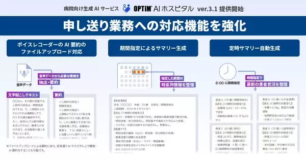 病院向け生成AIサービス「OPTiM AI ホスピタル」ver.3.1、申し送り業務を支援するAI機能を強化