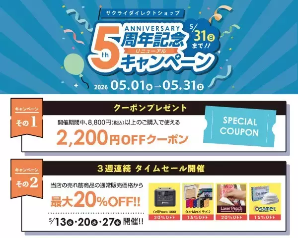 「明治32年創業の桜井がECサイト「桜井ダイレクトショップ（SDS）」リニューアル5周年記念キャンペーン開催！」の画像