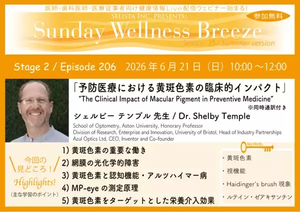 《医師・歯科医師・薬剤師向け》無料オンラインセミナー6/21(日)朝10時開催　『予防医療における黄斑色素の臨床的インパクト』シェルビー テンプル 先生(School of Optometry,Aston University, Honorary Professor)