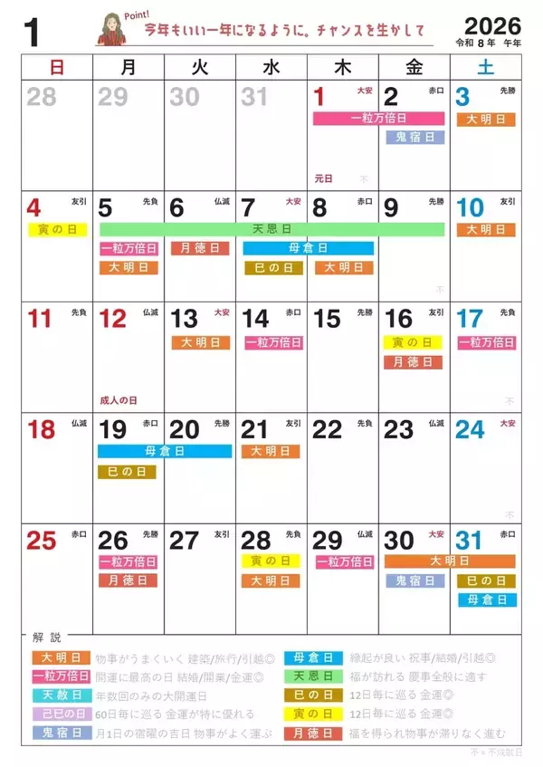 「新年1月5日(月)は一粒万倍日、大明日、天恩日が重なる大開運日！縁起のいい日がわかる『吉日カレンダー2026年1月版』をziredが無料ダウンロード配布開始！」の画像