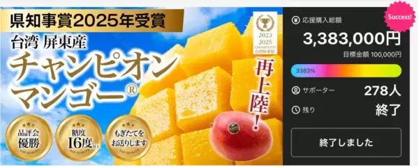 「台湾産「チャンピオンマンゴー」が日本国内で店頭販売を開始！伊勢丹、成城石井など百貨店・スーパーマーケットで試食販売を実施　一部店舗では完売も」の画像