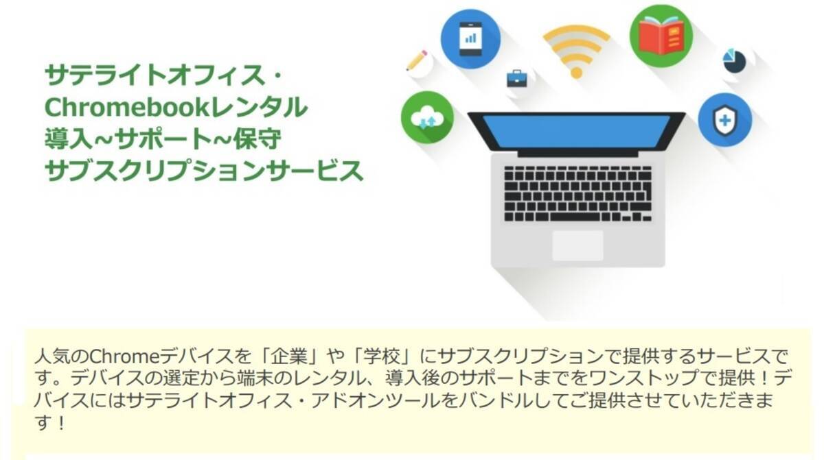サテライトオフィス Chromebookの端末レンタル 端末導入支援 サポート 保守をワンストップで提供するサブスクリプションサービスを開始 シングルサインオンなど 自社開発アドオンツールをバンドルして提供 21年11月12日 エキサイトニュース