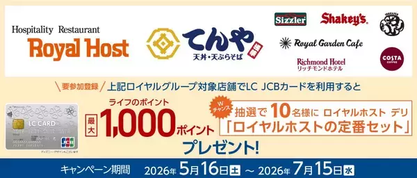 「ロイヤルグループ」で「LC JCBカード」をご利用いただくと、いつもよりもっとお得にライフのポイントがたまる！特別なキャンペーンを5月16日から7月15日まで開催