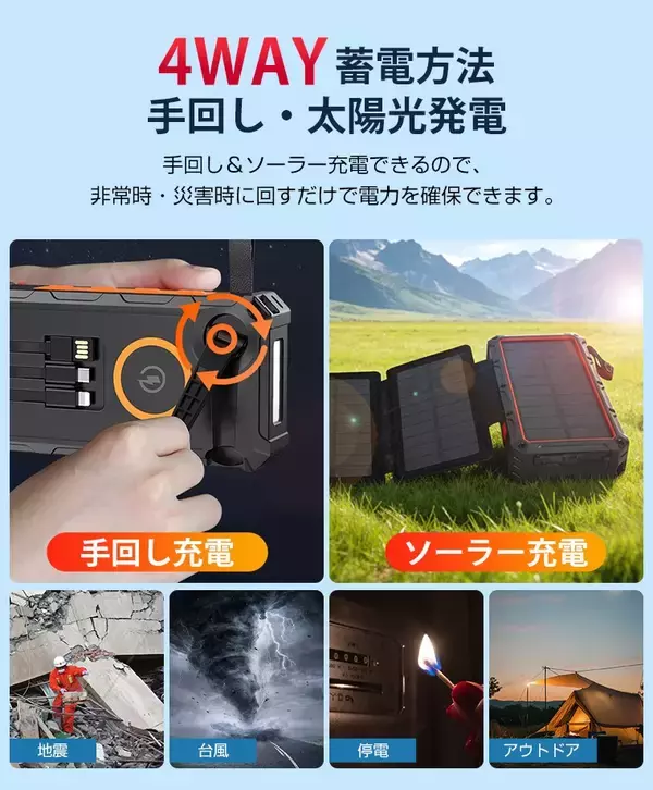 「地震・台風による停電時の電源確保に。4WAY充電対応・4枚ソーラーパネル搭載「防災用ソーラーモバイルバッテリー」登場」の画像