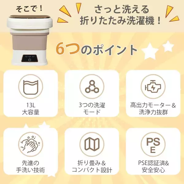 「“まとめ洗いしない”新常識。必要な分だけ、すぐ洗える 。13L大容量×高さ13cm収納。折りたたみ式小型洗濯機が新発売」の画像