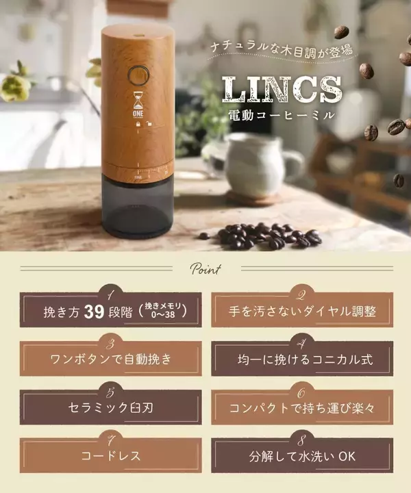 「毎日のコーヒーが変わる！39段階に調整できる電動コーヒーミル「リンクス」が新生活シーズンに向けた販促強化を実施」の画像