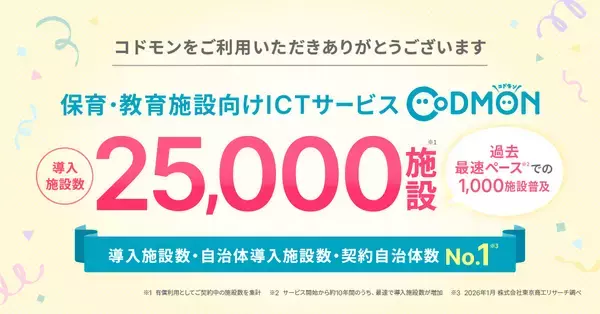 保育・教育・療育施設向けICTサービス「CoDMON（コドモン）」過去最速の普及ペースで、全国25,000施設に導入～日本の保護者の約30％が利用する子育ての社会基盤へ～
