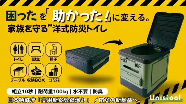 緊急時の困ったトイレ問題を“助かった”に変える。1台6役ポータブルトイレ「UNISTOOL」Makuakeにて1月25日(日)より先行販売開始！