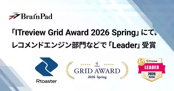 ブレインパッドの「Rtoaster」、「ITreview Grid Award 2026 Spring」にて、レコメンドエンジン部門およびDMPツール部門の最高位「Leader」を22期連続受賞