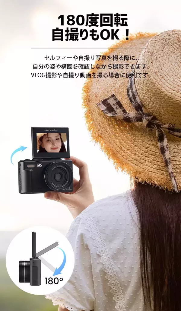 「RS★5K 高画質・7500 万画素コンパクトデジタルカメラ WD08 新登場！180° 回転自撮り液晶搭載、学生 Vlog・記念撮影に最適な初心者向け高コスパカメラ」の画像