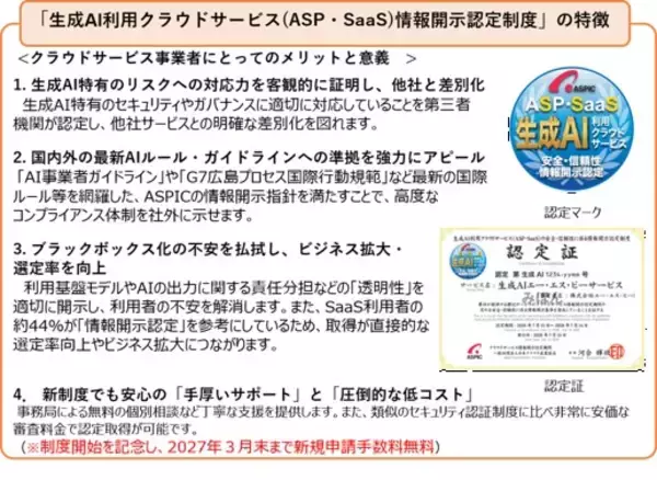 「【初認定】ASPIC、「生成AI利用クラウドサービス認定」の第1号を認定！新規2サービスを加え累計338サービスへ」の画像