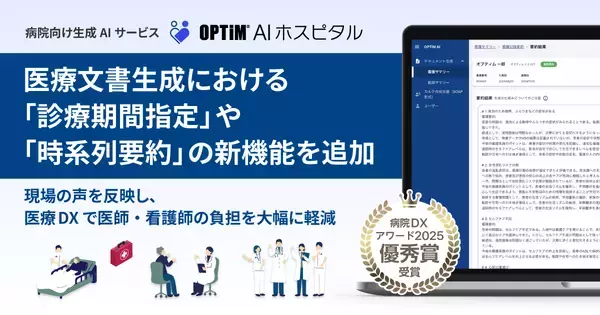 病院向け生成AI搭載サービス「OPTiM AI ホスピタル」、医療文書生成における「診療期間指定」や「時系列要約」の新機能を追加