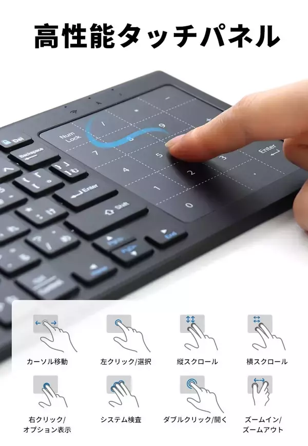 「「キーボードに、マウスとテンキーを入れてみた。」タッチパッド＆テンキー一体型ワイヤレスキーボード、新登場。」の画像