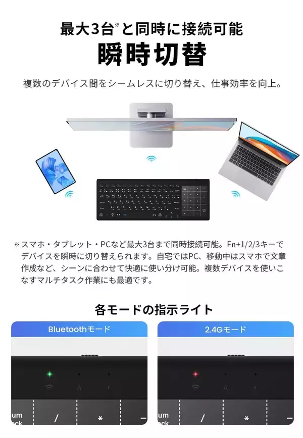 「「キーボードに、マウスとテンキーを入れてみた。」タッチパッド＆テンキー一体型ワイヤレスキーボード、新登場。」の画像